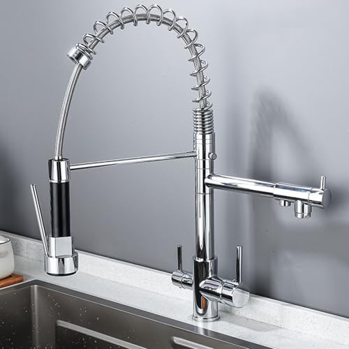 ZYCDP Küchen Wasserhahn Spiralfeder 3 Wege Küchenarmatur Ausziehbar, Mischbatterie Küche Messing Einhand Küchenwasserhahn Chrom von ZYCDP