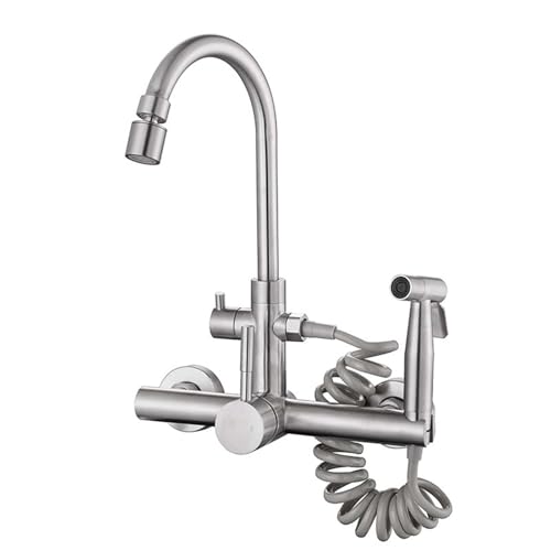 ZYCDP Küchennarmatur Wandmontage mit Spritzpistole, Einhand Mischbatterie Küchen Edelstahl Dual Mode Wasserhahn Küche Warm und Kalt Gebürstet von ZYCDP
