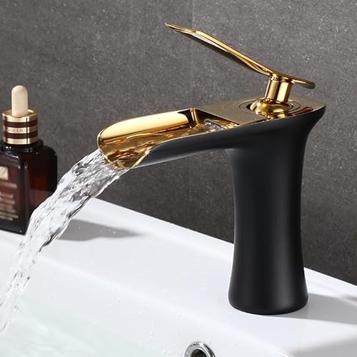 ZYCDP Mischbatterie Bad Retro Einhebel Mischbatterie Waschbecken aus Messing Wasserfall Wasserhahn Bad Mischbatterie Heiß Und Kalt, Schwarz+Gold, Kurz von ZYCDP