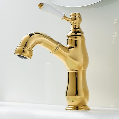 ZYCDP Mischbatterie Bad Vintage Ausziehbar Einhebel Waschtischarmaturen Messing Kalt Warm Gold ZYCDP Mischbatterie Bad Vintage Ausziehbar Einhebel Waschtischarmaturen Messing Kalt Warm Gold von ZYCDP