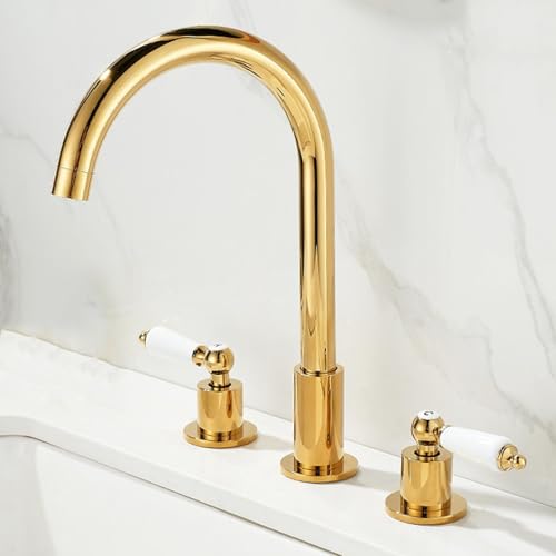 ZYCDP Waschbeckenarmatur 3 Loch Zwei Griffe Wasserhahn Bad 360 Grad Drehbar Warm und Kalt Gold ZYCDP Waschbeckenarmatur 3 Loch Zwei Griffe Wasserhahn Bad 360 Grad Drehbar Warm und Kalt Gold von ZYCDP
