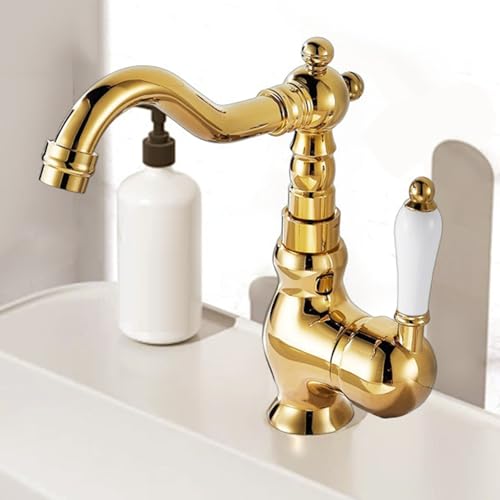 ZYCDP Waschbeckenarmatur Messing Retro Wasserhahn Bad Kalt und Warm Einhebelmischer Gold ZYCDP Waschbeckenarmatur Messing Retro Wasserhahn Bad Kalt und Warm Einhebelmischer Gold von ZYCDP