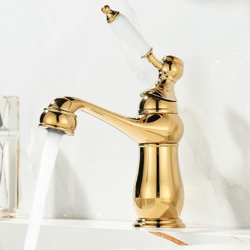 ZYCDP Waschbeckenarmatur Vintage Messing Wasserhahn Bad Einhebelmischer Kalt und Warm Gold ZYCDP Waschbeckenarmatur Vintage Messing Wasserhahn Bad Einhebelmischer Kalt und Warm Gold von ZYCDP