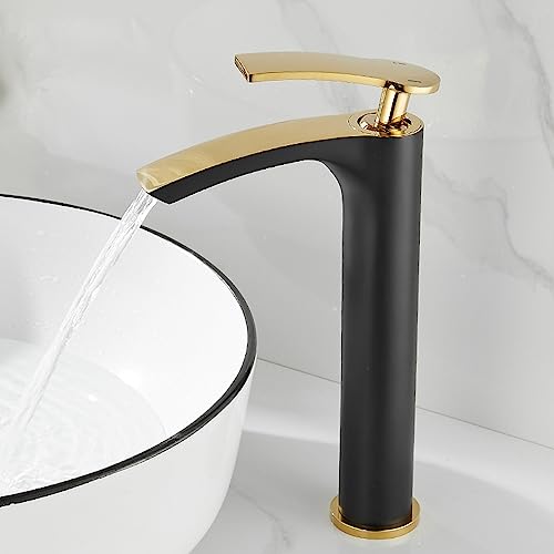 ZYCDP Waschbeckenarmatur Wasserfall,Waschtischarmatur aus Messing Einhebelmischer,Heiße und Kalte Wasserhahn,Waschbecken Mischbatterie Armatur für Badezimmer,schwarzes Gold,Hoch von ZYCDP