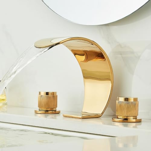 ZYCDP Waschtischarmatur 3 Loch Zwei Griffe Wasserhahn Bad Wasserfall Gold Kalt Warm Gold ZYCDP Waschtischarmatur 3 Loch Zwei Griffe Wasserhahn Bad Wasserfall Gold Kalt Warm Gold von ZYCDP