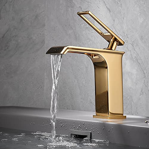 ZYCDP Waschtischarmatur Bad Wasserfall,Waschtischarmatur aus Messing Einhebelmischer,Heiße und Kalte Wasserhahn,Badarmatur Waschbecken Mischbatterie Armatur für Badezimmer,Gold von ZYCDP