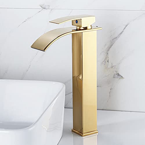 ZYCDP Wasserfall Wasserhahn Bad, Edelstahl Badarmatur Einhebelmischer für Aufsatzwaschbecken,Einhebel Mischbatterie Waschbeckenarmaturen, Gold, Hoch von ZYCDP