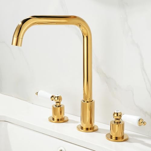 ZYCDP Wasserhahn Bad 2 Griffe 3 Loch Waschtischarmatur 360 Drehbar Warm und Kalt Wasser Gold ZYCDP Wasserhahn Bad 2 Griffe 3 Loch Waschtischarmatur 360 Drehbar Warm und Kalt Wasser Gold von ZYCDP