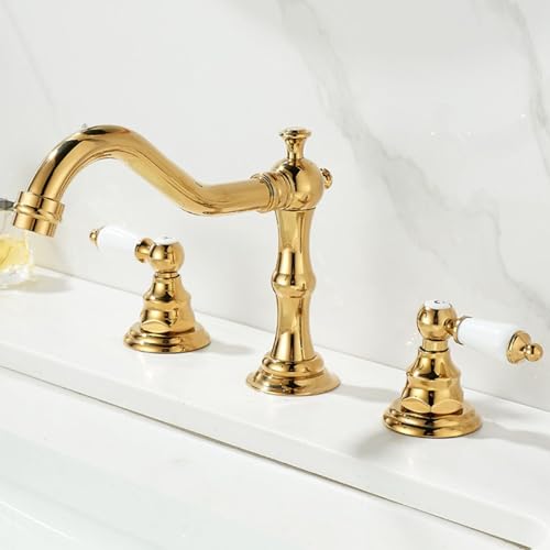 ZYCDP Wasserhahn Bad 3 Loch 2 Griffe Waschtischarmatur Retro Messing Warm und Kalt Wasser Gold ZYCDP Wasserhahn Bad 3 Loch 2 Griffe Waschtischarmatur Retro Messing Warm und Kalt Wasser Gold von ZYCDP