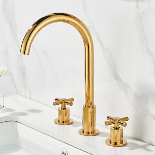 ZYCDP Wasserhahn Bad 3 Loch Armatur Waschbecken Gold Doppelkreuzgriff Warm und Kalt Gold ZYCDP Wasserhahn Bad 3 Loch Armatur Waschbecken Gold Doppelkreuzgriff Warm und Kalt Gold von ZYCDP