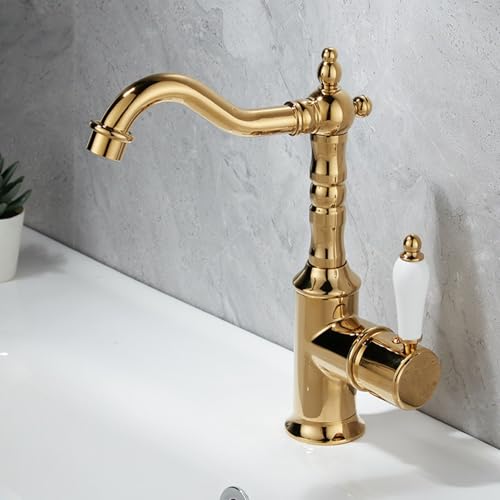 ZYCDP Wasserhahn Bad Retro Vintage Waschtischarmatur 360 Drehbar Einhebelmischer Messing Gold ZYCDP Wasserhahn Bad Retro Vintage Waschtischarmatur 360 Drehbar Einhebelmischer Messing Gold von ZYCDP