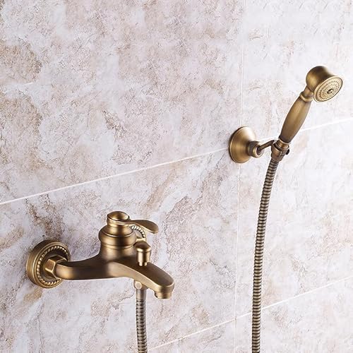 ZYCDP Wasserhahn Badewanne Retro Einhandmischer Wasserhahn Badewanne mit Handbrause und Manuellen Umsteller Antik Messing Duscharmatur, A von ZYCDP