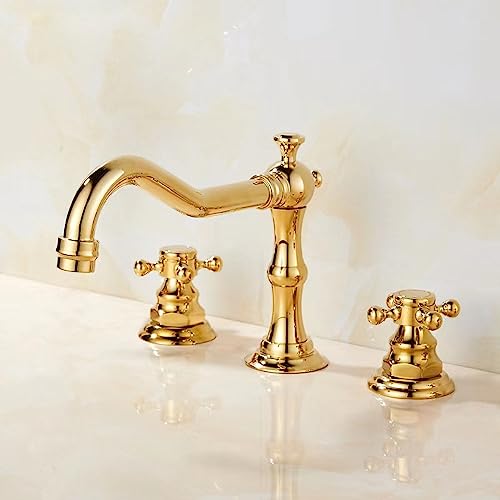 ZYCDP Wasserhahn Badezimmer 3 Loch,Bad Wasserhahn Kreuzgriff Wasserhahn,Bad Armaturen Waschbecken Messing,3-Loch Waschtischbatterie,Heiß und Kaltwasserhahn wasserhahn bad,Gold von ZYCDP