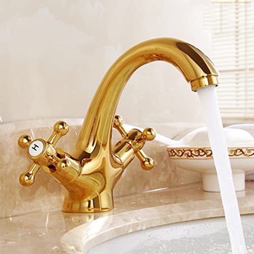 ZYCDP Wasserhahn Badezimmer Retro, Retro Bad Waschbecken Wasserhahn Zweigriff Mischbatterie Badarmatur, Kaltes und Heißes Wasser Vorhanden, Waschbecken Armaturen Messing, Gold von ZYCDP