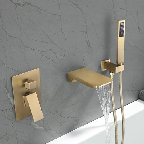 ZYCDP Wasserhahn Dusche Unterputz Badewannenarmatur Wasserfall mit Brause Kalt und Warm Gold Gebürstet ZYCDP Wasserhahn Dusche Unterputz Badewannenarmatur Wasserfall mit Brause Kalt und Warm Gold Gebürstet von ZYCDP