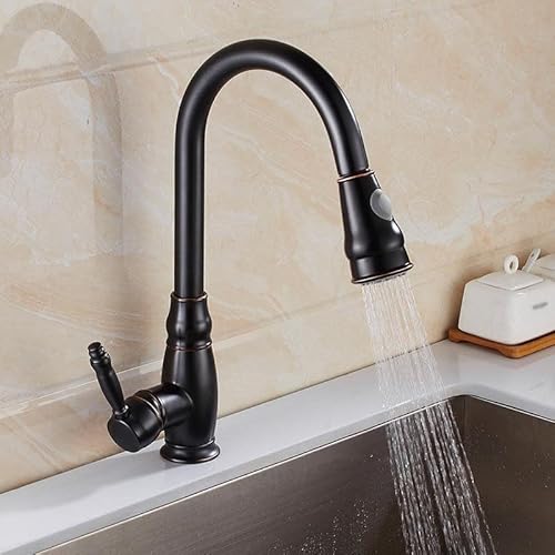 ZYCDP Wasserhahn Küche Retro Ausziehbar, Küchenarmatur 360° Drehbar Einhebelmischer Küche Mischbatterie Waschbecken Messing Schwarz Antiquität von ZYCDP