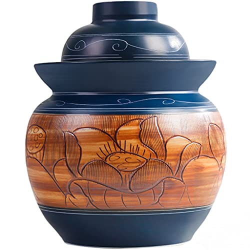 Pickle Jar Ceramic Klassisches Kunstrelief-Lotusmuster Gurkenglas, Vintage Jingdezhen Wassersiegel Kimchi-Glas Mit Deckel, Handgefertigte Kunstwerke, (Color : Blue, S : 1.75kg) von ZYCSH