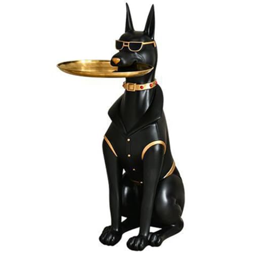 Statue Mit Tablett Cooler Dobermann-Hund Der Auf Dem Boden Steht Skulptur Mit Tablett, Kreatives Getränketablett Aus Harz Für Die Bar, Kunstornamente (Color : Schwarz, S : 69 * 26 * 32cm) von ZYCSH