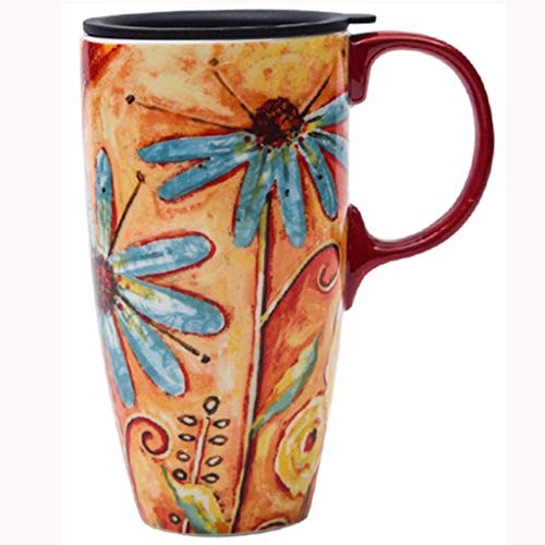 Kaffeetassen KaffeeTasse Keramiktasse mit Deckel, Home Water Cup Paar Tasse, große Kapazität handgemalte Blume Teetasse Milch Kaffeetasse, 500ml (Color : Orange, Size : 500ml) von ZYCSKTL