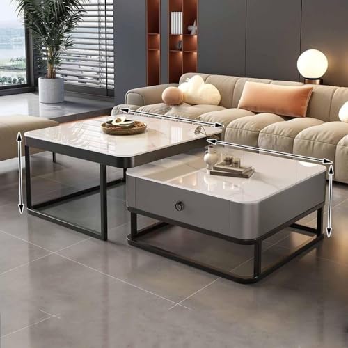 ZYDLMBJL Couchtisch, Moderne quadratische Couchtische, 2-teiliges Set mit Schublade, Platte aus Sinterstein und Metallrahmen for das Wohnzimmer(Gray) von ZYDLMBJL