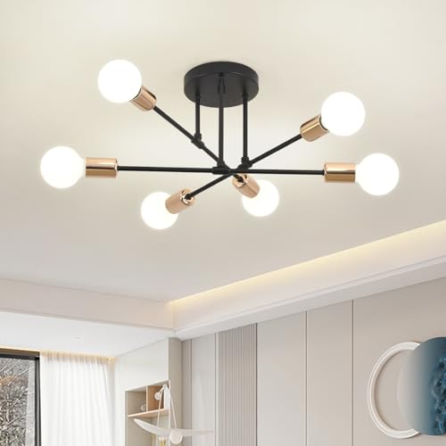 ZYDTRIP Moderner Sputnik Kronleuchter 6 Flammig Vintage schwarze Deckenleuchten Halbbündige Montage Metall E27-Fassung für Home Office Hotel Bar Wohnzimmer Esszimmer Schlafzimmer Küche von ZYDTRIP