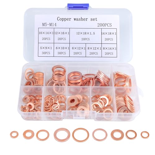 ZYDYRX 200 Stück Kupfer Flache Dichtring Kupferdichtringe Sortiment Solid Copper Massiv-Kupfer Dichtungssatz Unterlegscheiben Set M5-M14 mit Aufbewahrungsbox 9 Größen von ZYDYRX