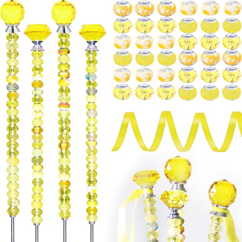 119 Stück Gartenstecker DIY Feenstab Pflanzenstecker mit gelben großen Loch Perlen Kristall Diamant Stopper Top 4 Edelstahl Gewindestange Perlen Gartenstecker für Außen Innen Hof Terrasse Dekorationen von ZYEHXED