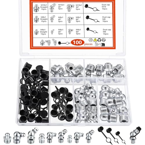 100 Stück Schmiernippel Sortiment, M6 M8 M10 Schmiernippel für Fettpresse Gerade Abgewinkelt 45 ° 90 ° 180 ° Hydraulik Fettnippel kegelnippel Kegelschmiernippel für Schmierpressen von ZYETGH