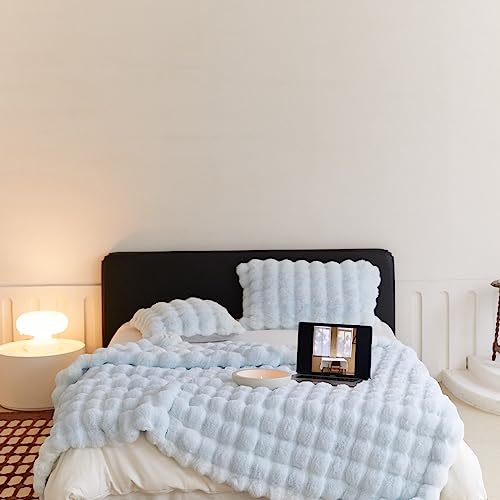 ZYFAB Kunst Kaninchenfell Überwurfdecke, gerüscht elegant Decke weich wendebar gemütliche Decke flauschig Plüschdecke für Couch Bett Stuhl waschbar,Blau,100×160cm von ZYFAB