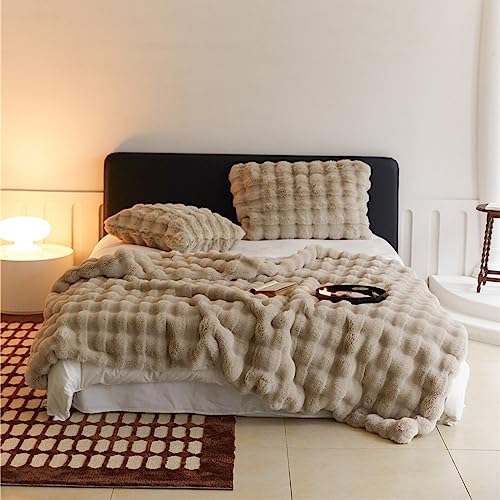 ZYFAB Kunst Kaninchenfell Überwurfdecke, gerüscht elegant Decke weich wendebar gemütliche Decke flauschig Plüschdecke für Couch Bett Stuhl waschbar,Braun,130×160cm von ZYFAB