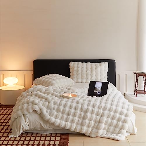 ZYFAB Kunst Kaninchenfell Überwurfdecke, gerüscht elegant Decke weich wendebar gemütliche Decke flauschig Plüschdecke für Couch Bett Stuhl waschbar,Weiß,100×160cm von ZYFAB