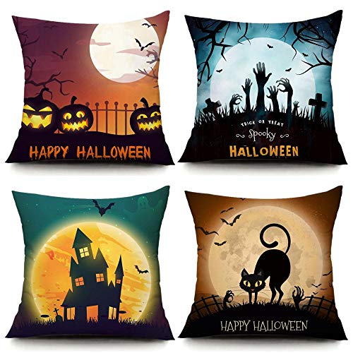 ZYFSKR Couchkissen Baumwolle Und Leinen Zierkissenbezüge Dekorative Quadratische Kissenbezüge Halloween Kürbis Kissenbezug Für Autos Sofakissen Startseite Dekorative 4 Stück 50X50Cm von ZYFSKR