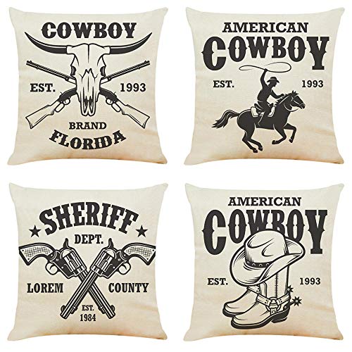 ZYFSKR Kissen Weiche Baumwolle Leinen Dekokissen Kissenbezüge Wohnaccessoires Western Cowboy Kissenbezug Cafe Auto Haus Dekokissen Geschenk 4 Stück 50X50Cm von ZYFSKR