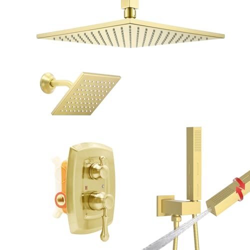 ZYGOLVQ 【Dual Shower Heads System】 10 Zoll Deckenhalterung Regen & 6 Zoll Wandmontierter Regenkopf und 2 in 1 Handbrause Quadratischer Wasserhahn Set, 3-Wege-Umsteller Messingventil mit von ZYGOLVQ
