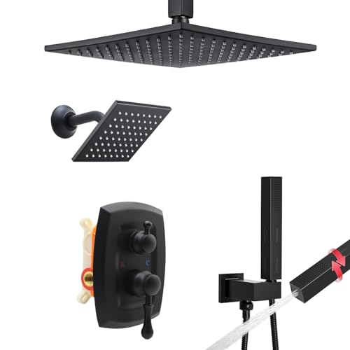 ZYGOLVQ 【Dual Shower Heads System】 10 Zoll Deckenhalterung Regen & 6 Zoll Wandmontierter Regenkopf und 2 in 1 Handbrause Quadratischer Wasserhahn Set, 3-Wege-Umsteller Messingventil mit von ZYGOLVQ