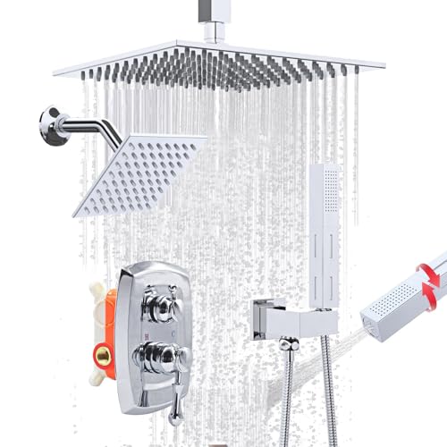 ZYGOLVQ 【Dual Shower Heads System】 10 Zoll Deckenhalterung Regen & 6 Zoll Wandmontierter Regenkopf und 2 in 1 Handbrause Quadratischer Wasserhahn Set, 3-Wege-Umsteller Messingventil mit von ZYGOLVQ