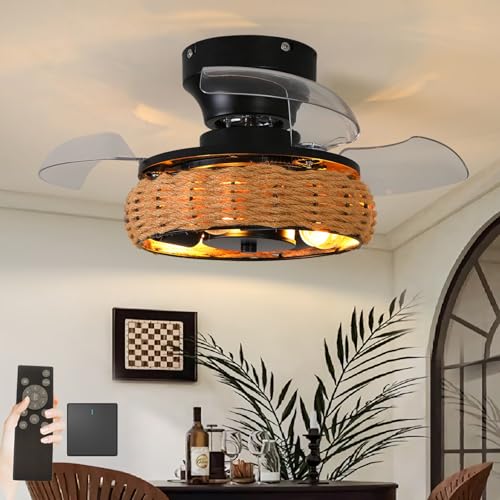 20 Zoll Retro-Deckenventilator im Industriestil mit Beleuchtung und Fernbedienung, 6 Geschwindigkeitsstufen, geräuschloser Kronleuchter, einziehbare Flügel, perfekt für das Schlafzimmer im Bauernhau von ZYGPH