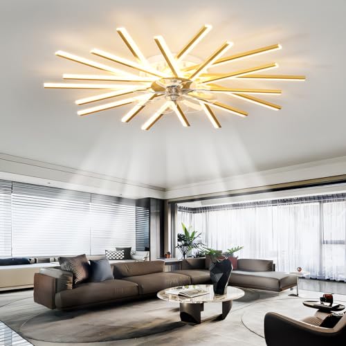 Dimmbarer LED-Kronleuchter-Deckenventilator mit Beleuchtung, 6 Geschwindigkeiten, umkehrbare, geräuschlose Fernbedienung und APP-Steuerung, stilvolles Golddesign für Wohnzimmer und Schlafzimmer, 100 von ZYGPH