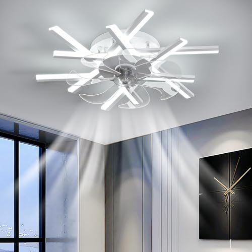 Dimmbarer LED-Kronleuchter-Deckenventilator mit Beleuchtung, 6 Geschwindigkeitsstufen, Timer, umkehrbar und geräuschlos, Fernbedienung und App, perfekt für Wohnzimmer und Schlafzimmer, 62 cm, Weiß von ZYGPH