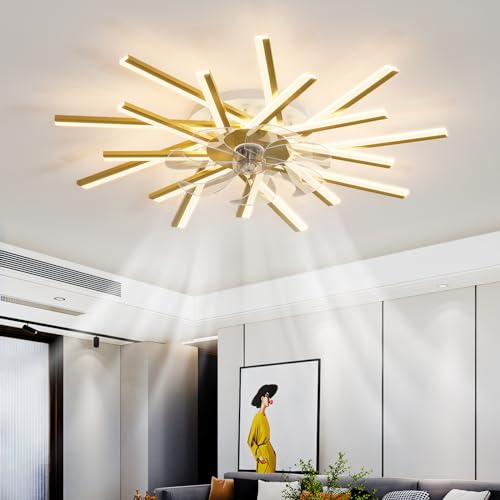 Goldener Kronleuchter-Deckenventilator mit Beleuchtung, 6 Geschwindigkeiten, dimmbare LED, umkehrbare, geräuschlose Fernbedienung und App-Steuerung, perfekt für Wohnzimmer und Schlafzimmer, 92 cm von ZYGPH
