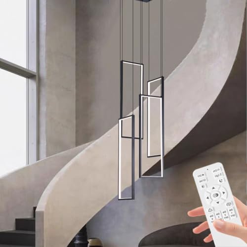 Moderne dimmbare Fernbedienung Große Hängebeleuchtung Verstellbare Treppenhaus-LED-Kronleuchter Schwarzer rechteckiger LED-Treppenhaus-Kronleuchter für Treppen Wohnzimmer Villa,Schwarz,L60cm/4 Licht von ZYGPH