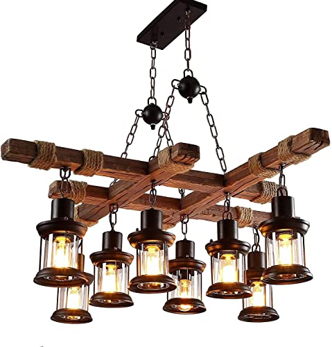 ZYGPH Bauernhaus Holz Pendelleuchte mit Glas Laternenschirm - Industrielle Steampunk Deckenbeleuchtung für Wohndekoration von ZYGPH
