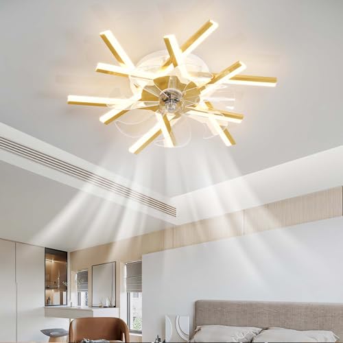 ZYGPH Goldener Kronleuchter-Deckenventilator mit dimmbaren LED-Leuchten, 6 Geschwindigkeitsstufen, Timer, umkehrbar und geräuschlos, Fernbedienung und APP für Wohnzimmer und Schlafzimmer, 62 cm von ZYGPH