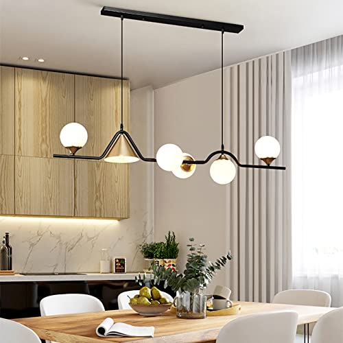 ZYGPH Lineare Hängende Deckenleuchte Für Kücheninsel,Mid Century Glaskugel LED Pendelleuchte,6 Moderne Kronleuchter Mit Kugelschirm-Schwarz a 120x26cm(47x10inch) von ZYGPH