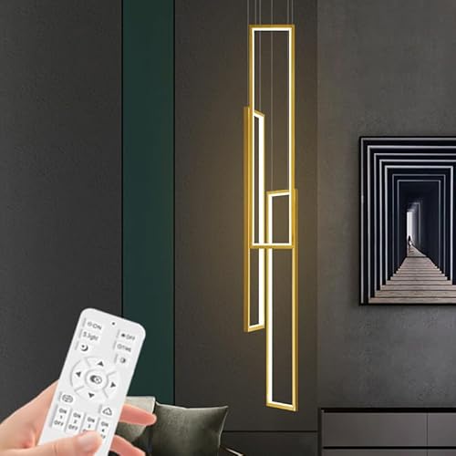 ZYGPH Moderne dimmbare Fernbedienung Große Hängebeleuchtung Verstellbare Treppenhaus-LED-Kronleuchter Schwarzer rechteckiger LED-Treppen-Kronleuchter für Treppen Wohnzimmer Villa,Gold,L60cm/3 Lichter von ZYGPH