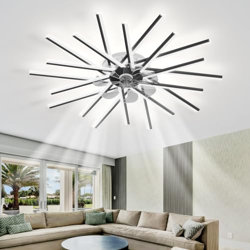 ZYGPH Schwarzer Kronleuchter-Deckenventilator mit dimmbaren LED-Leuchten, 6-Gang-Timer, umkehrbarer geräuschloser Betrieb, Fernbedienung und APP-Steuerung für Wohnzimmer und Schlafzimmer, 100 cm von ZYGPH