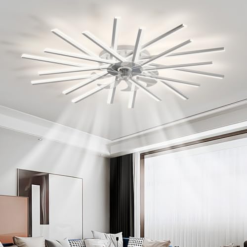 ZYGPH Weißer Kronleuchter-Deckenventilator mit dimmbaren LED-Leuchten, 6 Geschwindigkeitsstufen, Fernbedienung und APP, umkehrbarer, leiser Deckenventilator für Wohnzimmer und Schlafzimmer, 100 cm von ZYGPH