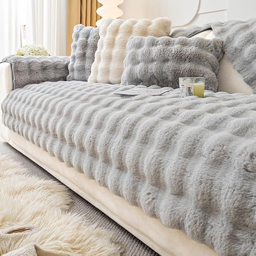 ZYHBBGXFC-XM Eleganter, weicher Sofabezug aus Kunstfell – Dicker Plüsch, Rutschfester Sofaschutz, einfarbig, ideal for Kinder und Haustiere, Möbelschutz(Gray,90 * 160cm/36 * 63in) von ZYHBBGXFC-XM