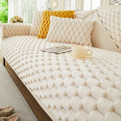 ZYHBBGXFC-XM Luxuriöser Sofabezug aus Kunstfell – Dicker, plüschiger, Rutschfester Sofaschutz, weicher, zotteliger Möbelbezug for Kinder, Haustiere, einfarbig(Beige,90 * 120cm/36 * 47in) von ZYHBBGXFC-XM