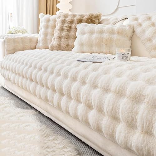 ZYHBBGXFC-XM Luxuriöser Sofabezug aus Kunstfell – Dicker, plüschiger, Rutschfester Sofaschutz, weicher, zotteliger Möbelbezug for Kinder, Haustiere, einfarbig(Beige,90 * 210cm/36 * 83in) von ZYHBBGXFC-XM